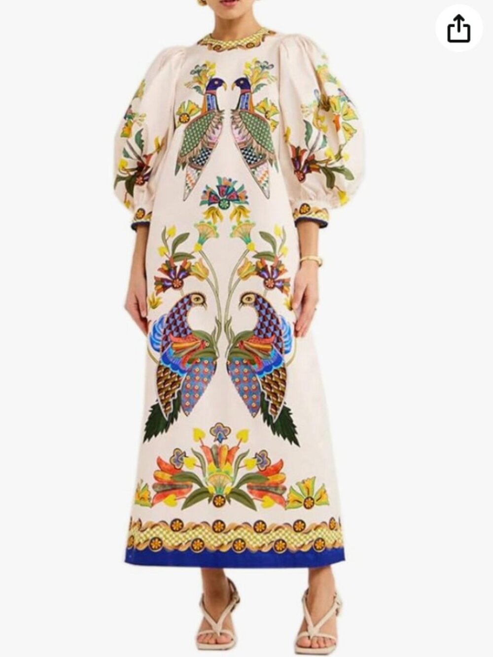 Womens Peacock Printed 3/4 Sleeve Belted Maxi Dress - size M -